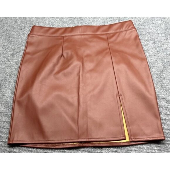 Rue21 Dresses & Skirts - Rue21 Mini Skirt Womens M Brown Faux Leather Slit Stretch Zip Lined New
